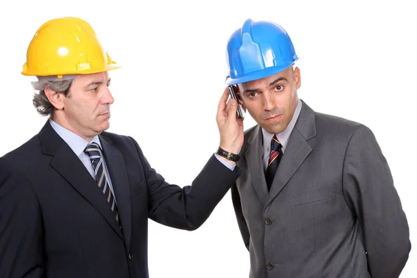 Dos Ingenieros Arquitectos Teléfono Aislados Fondo Blanco — Foto de Stock