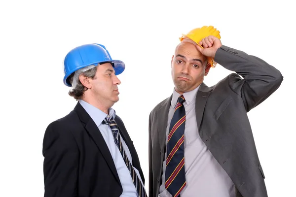 Two Engineers Architects Discussing New Project Isolated White Background — Stock Photo, Image