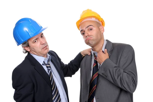 Dos Jóvenes Ingenieros Con Par Sombreros Duros Aislados Sobre Fondo —  Fotos de Stock