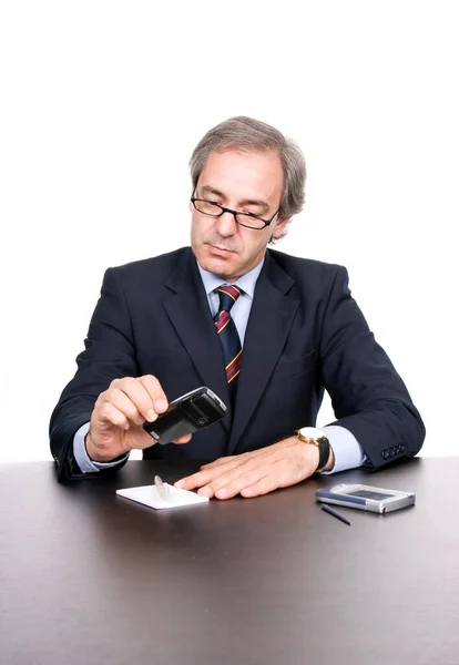 Volwassen Zakenman Aan Telefoon Geïsoleerd Witte Achtergrond — Stockfoto