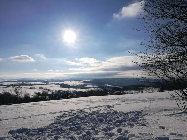 Tracce Sci Paesaggio Invernale Paesaggio Collinare Nel Erzgebirge Sassonia Germania — Foto Stock