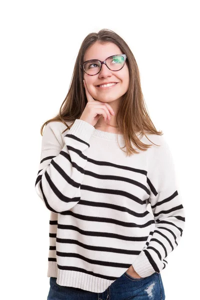 Retrato Uma Bela Jovem Com Óculos — Fotografia de Stock