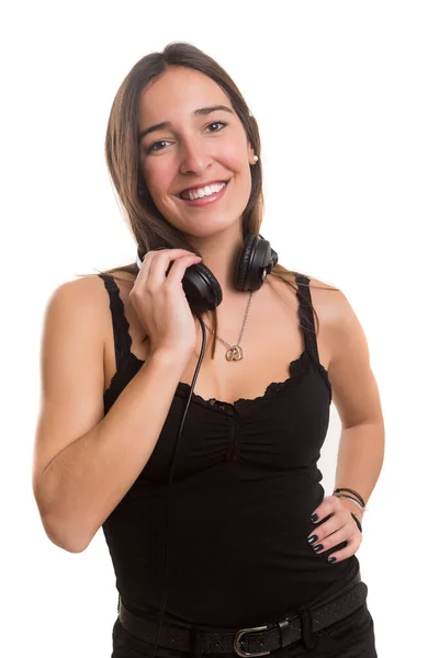 Hermosa Joven Con Auriculares Escuchando Música Sobre Fondo Blanco —  Fotos de Stock