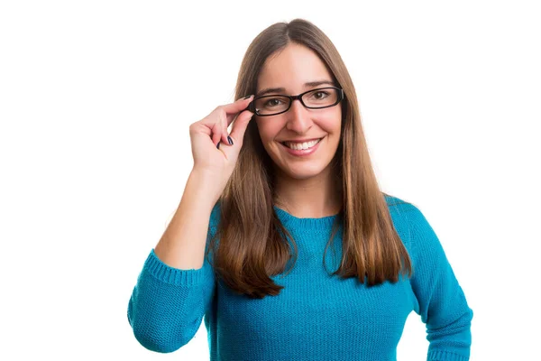 Mujer Joven Con Gafas Anteojos Aislados Sobre Fondo Blanco — Foto de Stock