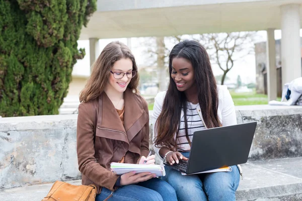 Deux Jeunes Femmes Utilisant Ordinateur Portable Souriant Tout Étant Assis — Photo