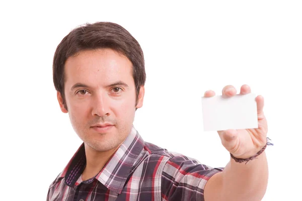 Young Man Blank Card Isolated White Background — Stock Photo, Image