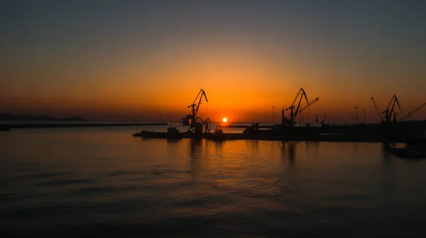 Backlit Cranes Ship Port Sunrise Fire Sky — Stock Photo, Image