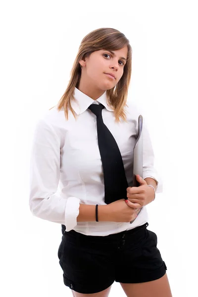 Joven Hermosa Mujer Traje Negro Camisa Blanca Aislada Sobre Fondo — Foto de Stock