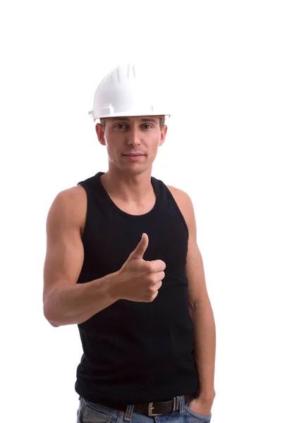 Joven Con Casco Una Camisa Blanca Sobre Fondo Estudio — Foto de Stock