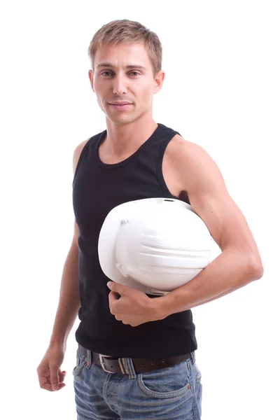 Young Man Helmet White Background — Stock Photo, Image