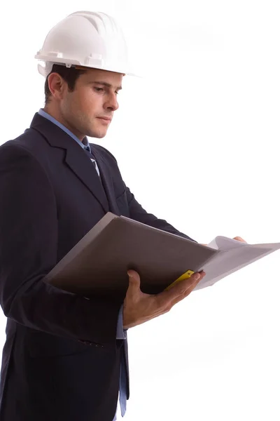 Young Man Suit Helmet Holding Clipboard — Stock Photo, Image