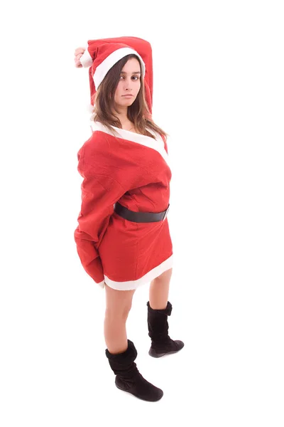 Bela Jovem Mulher Santa Claus Chapéu Camisola Vermelha Isolada Fundo — Fotografia de Stock