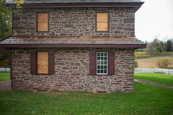 Beautiful Stone House One Fifteen Pane Window Three Boarded White — Stock Photo, Image