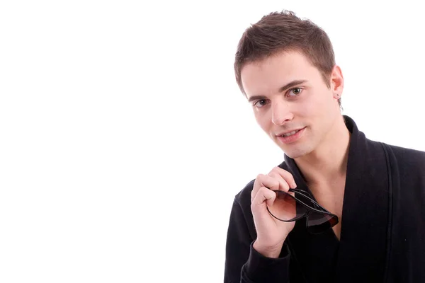 Portret Van Een Jonge Man Met Een Baard Een Witte — Stockfoto