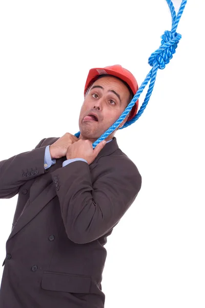 Business Man Hanging Rope Isolated White Background — Stock Photo, Image