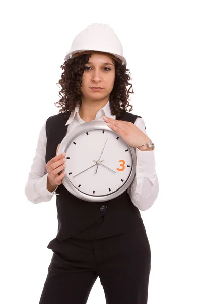 Mujer Joven Con Reloj Sobre Fondo Blanco — Foto de Stock