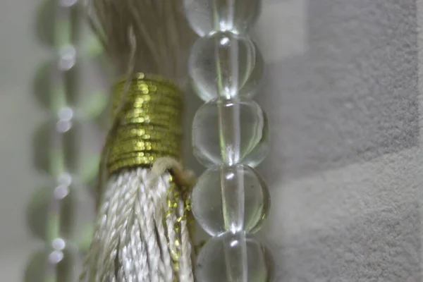 Macro Photograph Selective Focus Glass Shiny Prayer Beads Rosary Copy — Stock Photo, Image