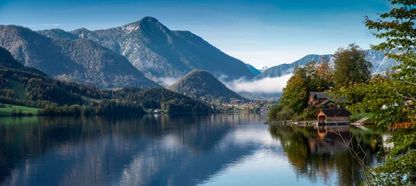 Autumn Morning Patches Fog Lake Grundlsee Styria Austria — Stock Photo, Image