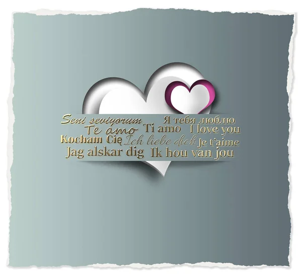 Любовная Карта Love You Text Different Languages Сердца Полоску Бумаги — стоковое фото