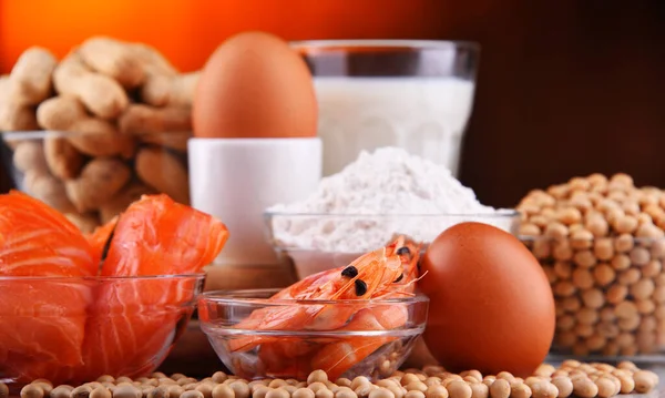 Zusammensetzung Mit Gängigen Nahrungsmittelallergenen Wie Milch Soja Erdnüssen Haselnüssen Fisch — Stockfoto