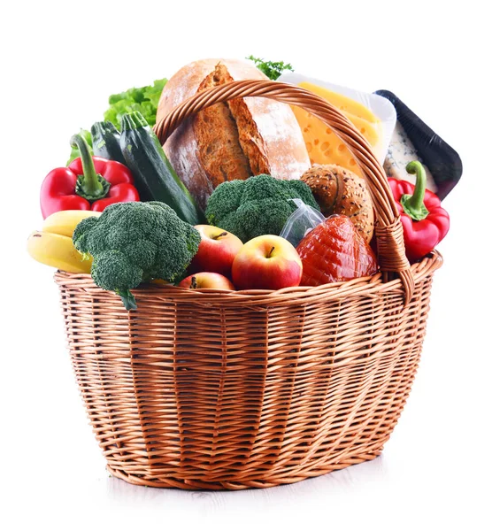 Wicker Basket Assorted Grocery Products Isolated White Background — Stock Photo, Image