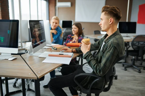 Young Specialists Works Computers Office Web Programmer Designer Workplace Creative — Stock Photo, Image