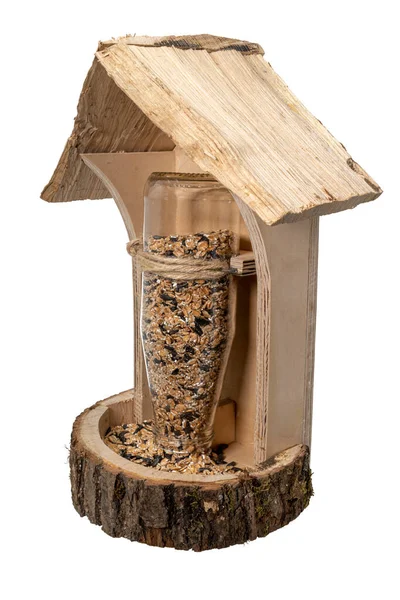 Vlastní Made Dřevěný Ptačí Krmivo Skleněnou Lahví Ptačí Semínko — Stock fotografie