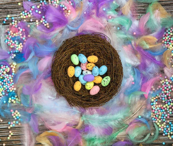 Красочные Пасхальные Яйца Птичьем Гнезде Окружении Перьев Пастельного Цвета Деревянных — стоковое фото