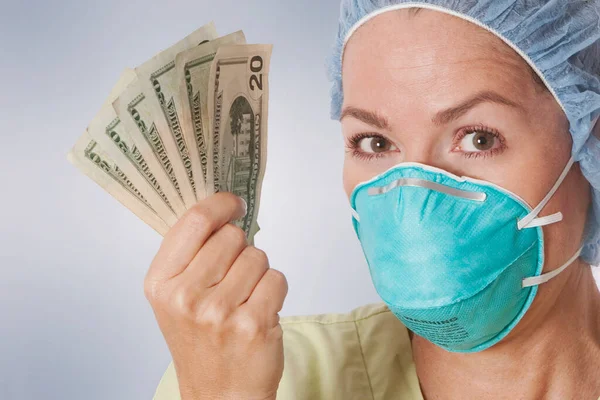 Young Woman Doctor Money Hands — Stock Photo, Image