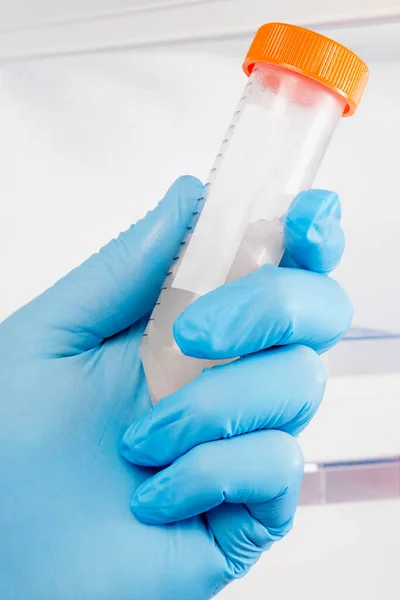 Hand Holding Test Tube Blue Liquid Laboratory — Stock Photo, Image