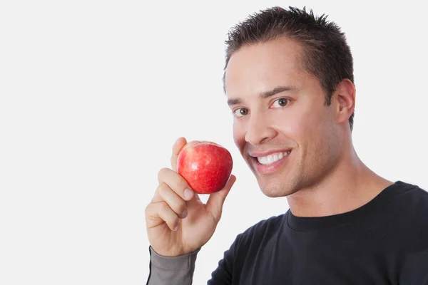 Portrét Mladého Muže Červeným Jablkem — Stock fotografie