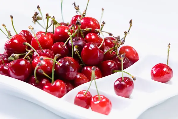 Fresh Red Cherries Bowl White Background — Stock Photo, Image