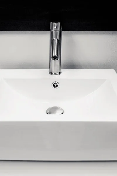 White Sink Black Handle Gray Background — Stock Photo, Image