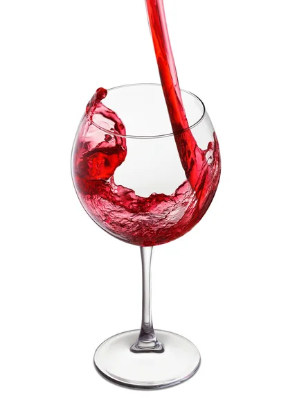 Czerwone Wino Wlewające Się Kieliszka Niebieskim Tle — Zdjęcie stockowe