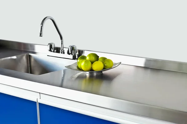 Modern Kitchen Sink White Blue Water — Stock Photo, Image