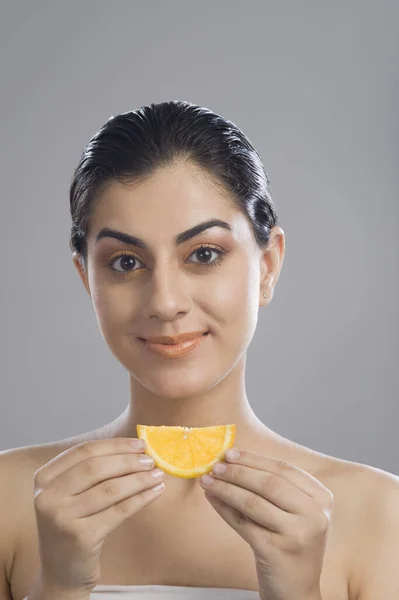 Portrait Young Woman Lemon Her Face — Stock Photo, Image