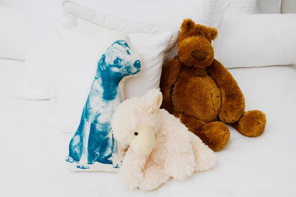 Ours Peluche Avec Jouet Sur Lit — Photo