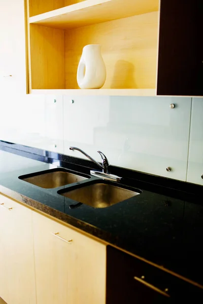 Modern Kitchen Interior White Sink Blue Walls — Stock Photo, Image