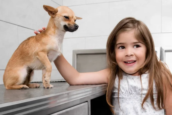 台所に犬がいるかわいい女の子 — ストック写真