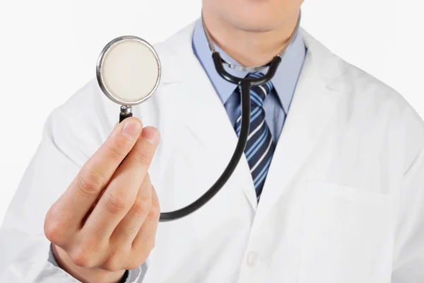 Doctor Holding Stethoscope Isolated White Background — Stock Photo, Image