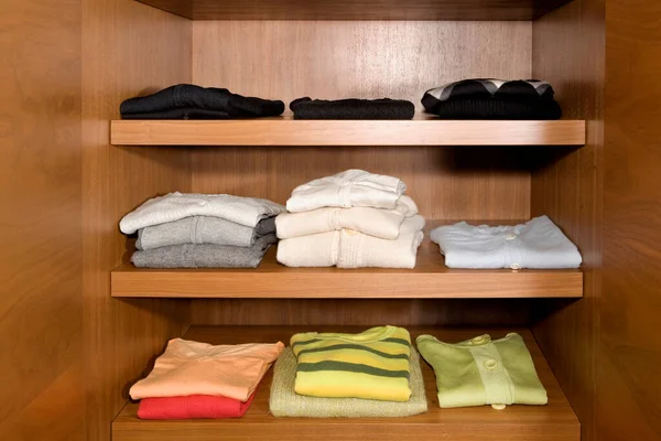 Stack Clothes Wooden Shelf — Stock Photo, Image