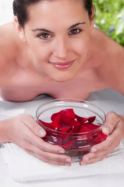 Beautiful Young Woman Red Rose Petals — Stock Photo, Image