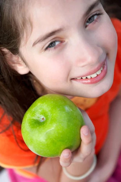 Portrait Cute Little Girl Green Apple Stock Photo