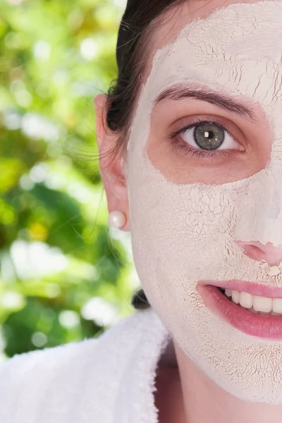 Beautiful Woman Facial Mask Face Looking Camera — Stock Photo, Image