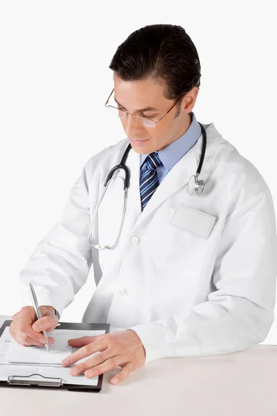 Portret Młodego Lekarza Białym Płaszczu Stetoskopie Szarym Tle — Zdjęcie stockowe