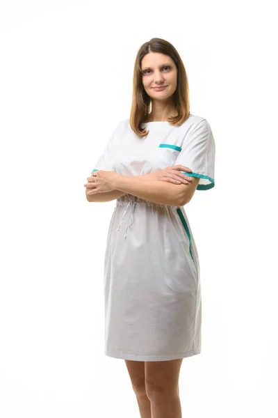 Mädchen Weißem Arztkittel Isoliert Auf Weißem Hintergrund — Stockfoto