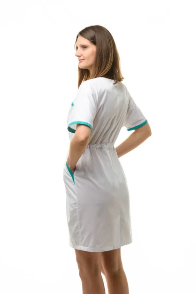 Side View Girl White Medical Coat Isolated White Background — Stock Photo, Image