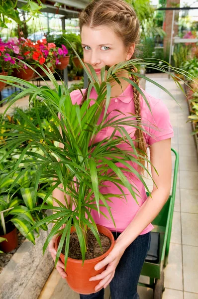 Mujer Joven Con Flores Invernadero —  Fotos de Stock