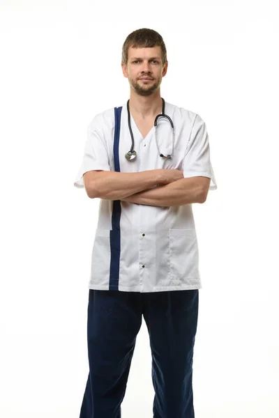 Homem Mostrando Roupas Médico Vista Frontal Isolado Fundo Branco — Fotografia de Stock