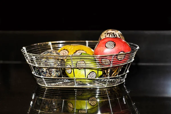 Easter Eggs Basket Wooden Background — Stock Photo, Image